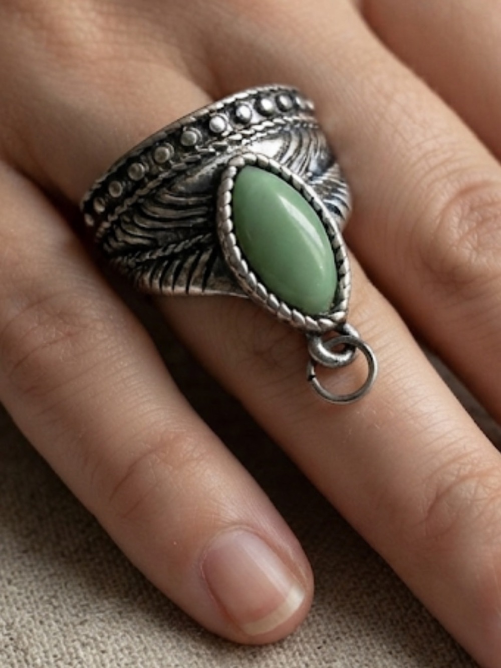 Vintage-Inspired Silver Ring with Green Stone